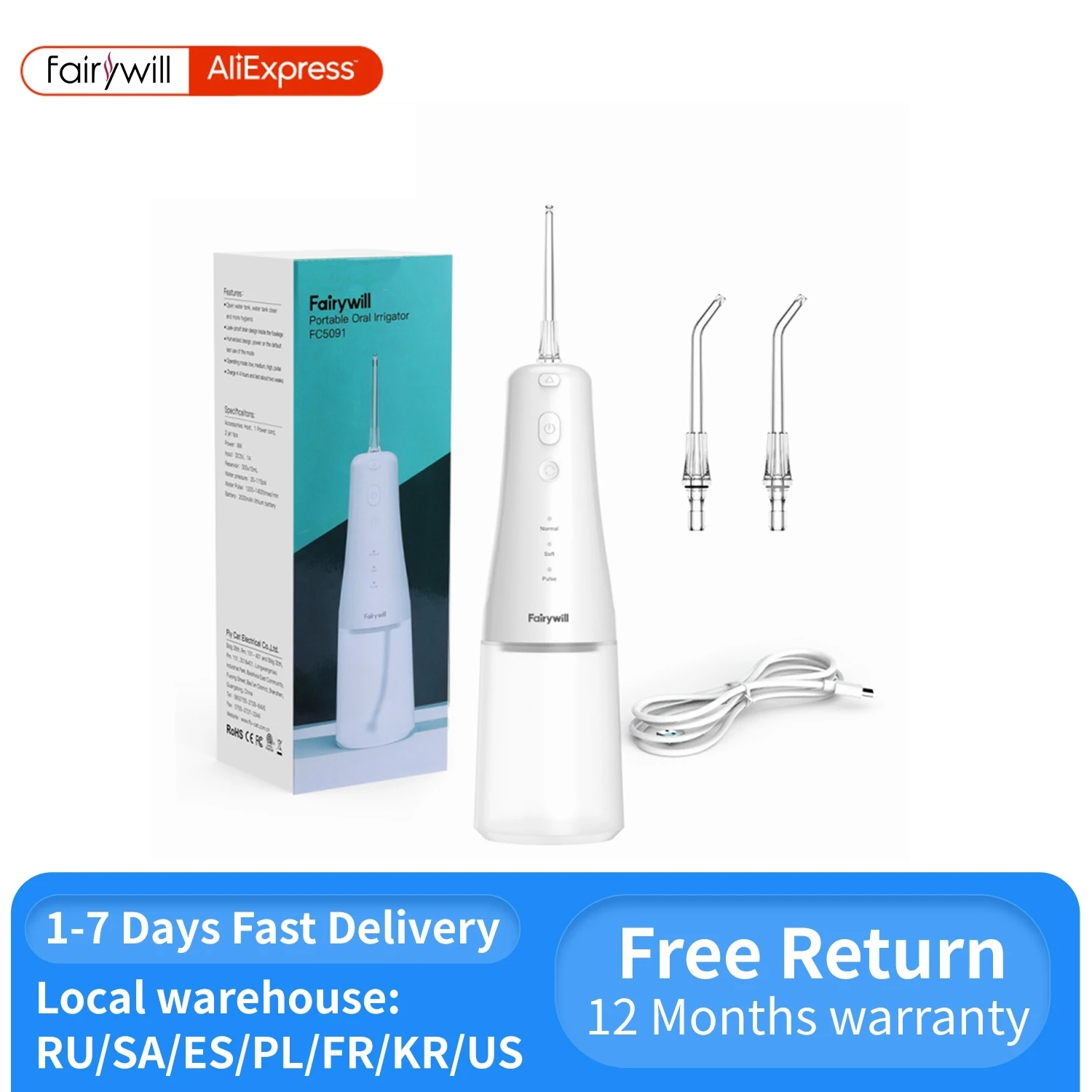 Fairywill Cordless Water Flosser 3 Modes And 2 Replaceable Nozzles 300Ml Detachable Water Tank Ipx7 Waterproof Oral Irrigator