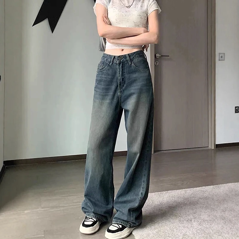 Streetwear Loose High Waist Denim Pants Women 2026 Fashion Wide Leg Y2K Baggy Jeans Woman Retro Washed Straight Trousers Female