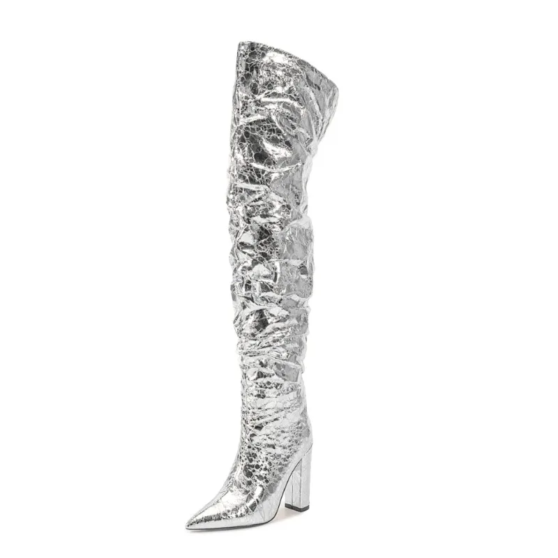 Luxury Thigh High Boots Women Gold Silver Patent Leather Over the Knee High Boots Ladies Waterproof Party Dance Shoes Large Size