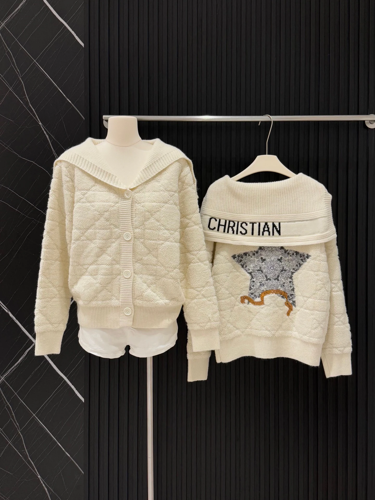 

High-End Navy Collar Diamond Pattern Knitted Sweater Women's Autumn Winter Long Sve Embroidered Loose Camere Coat