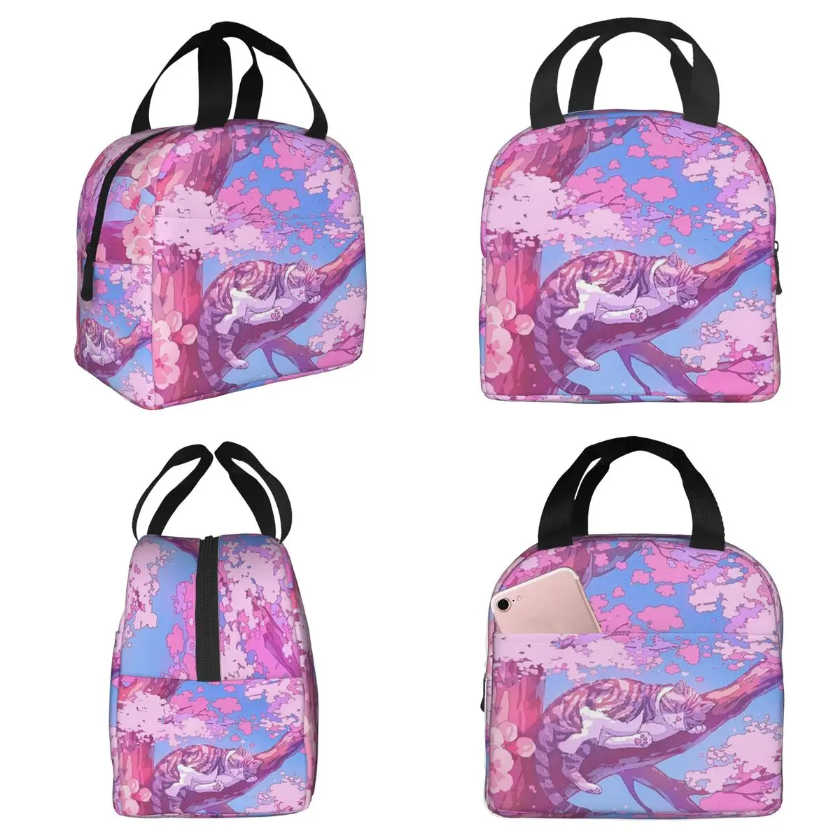 Cat Sleeps On A Tree Branch Insulated Lunch Bag for Women Office Cooler Thermal Food Box Tote Portable Lunch Boxes Container