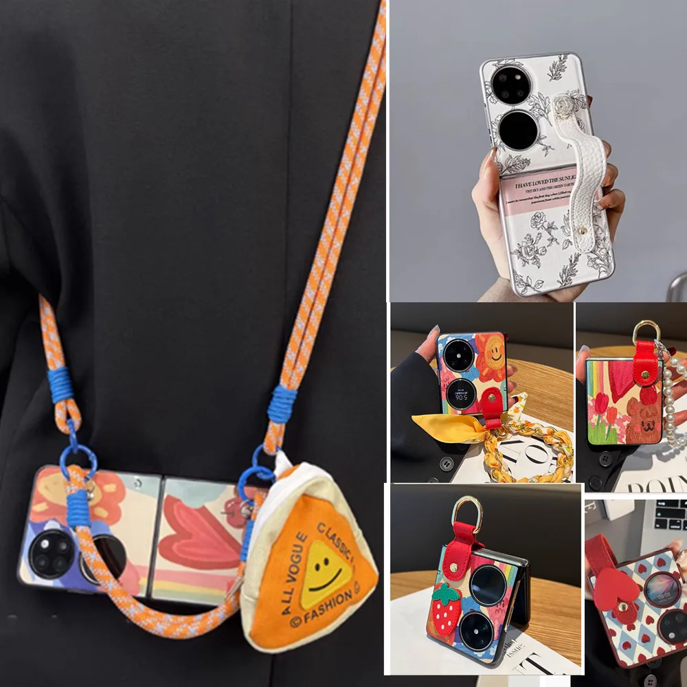 Cute Diy wrist strap Leather Case For OPPO Find N3Flip N2Flip Huawei Pocket2 P50Pocket 2 Moto Razr 40 ultra Z Flip5 Flip4 Flip3