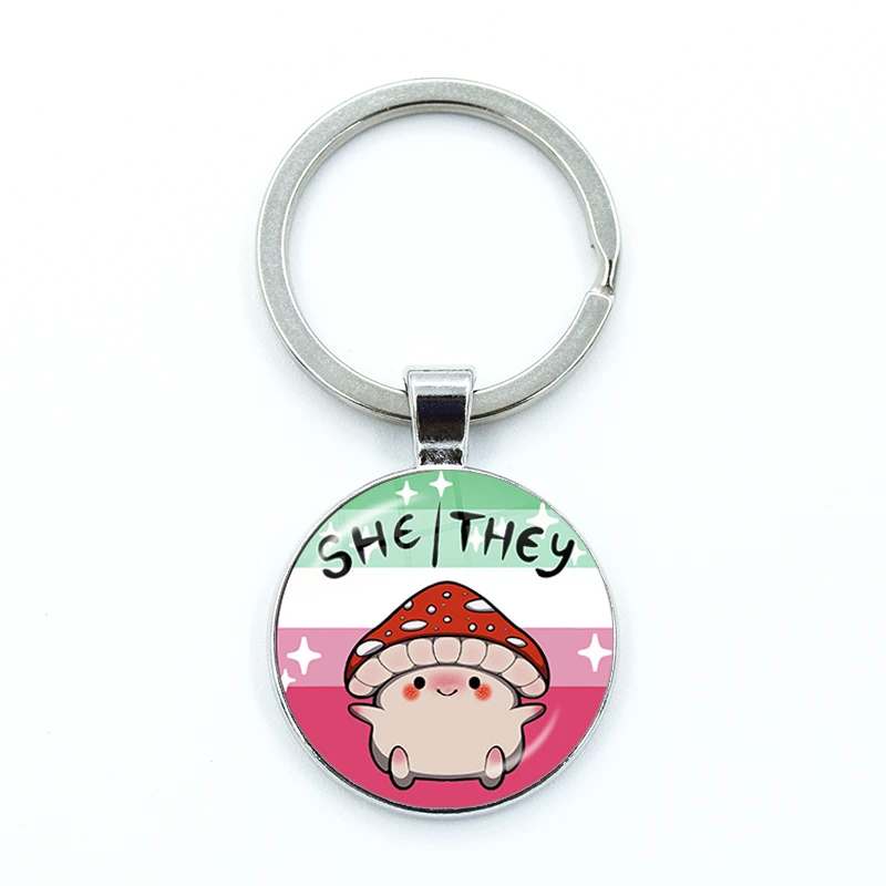 Genderfluid فخر وہ الفطر الضميمة المفاتيح الزجاج كابوشون لطيف كيرينغ حقيبة سيارة مفتاح سلسلة حلقة حامل حُليات المجوهرات