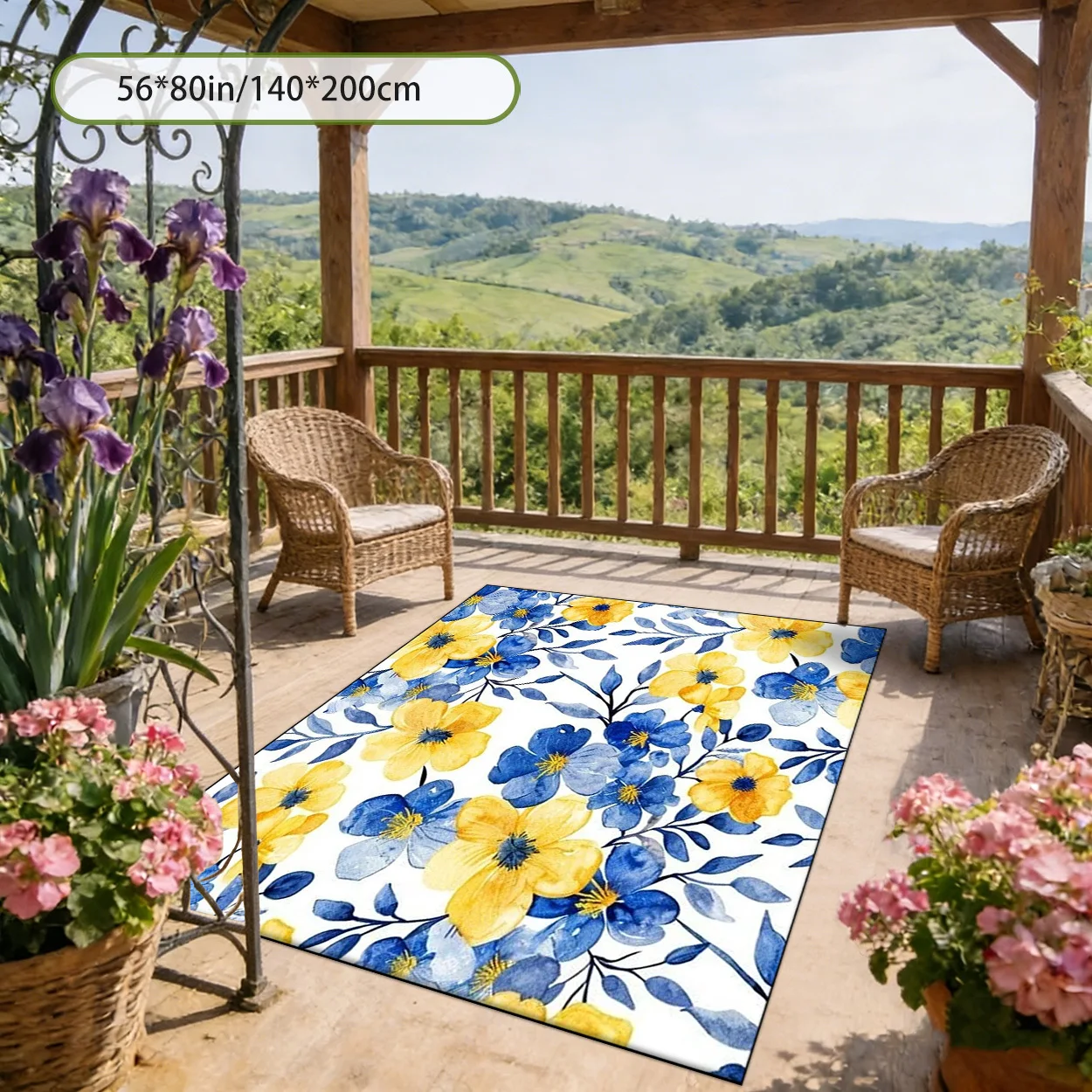 Watercolor Yellow‑Blue Floral Print Decor Rug, Artistic Floor Mat for Patio, Balcony, Garden, Living Room, Bedroom Indoor
