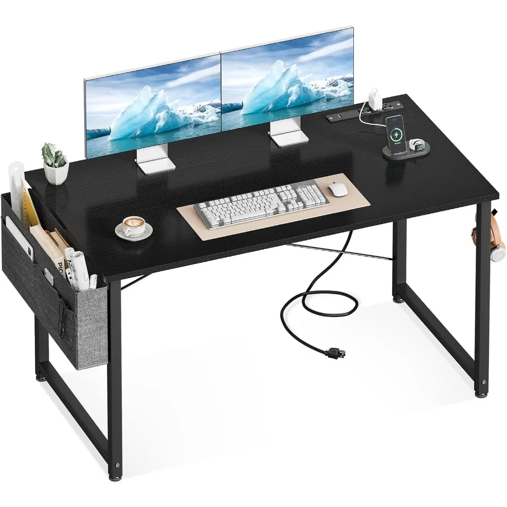 

Computer Desk - 48 Inch Office Writing Desk for Home, Student Study Desk with Storage Bag, Headphone Hook & Power Outlets, Mode