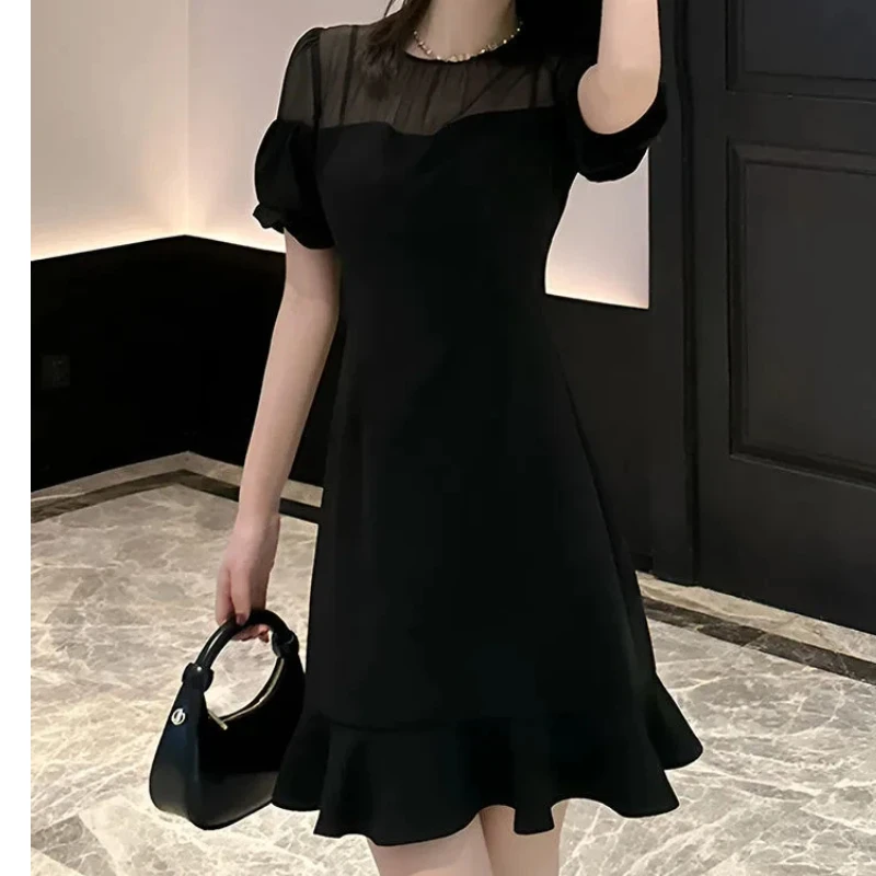 

Elegant Black A-Line Dress With Puff Sleeves And Ruffled Hem For Women Casual Summer Wear
