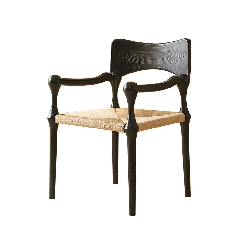 French floral cloth soft bag solid wood home dining table and chairs,  armrest rope braided chair