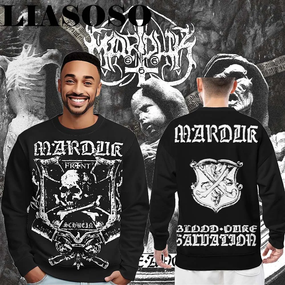 LIASOSO Marduk Band Sweatshirt 3D Print Black Metal Style Long Sleeve Round Neck Pullover Harajuku Fashion Top for Unisex Casual