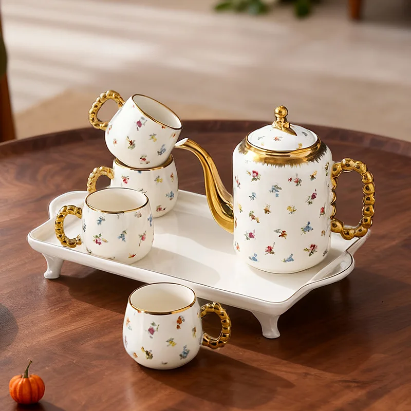 Luxury European Floral Gold Trim Ceramic Tea Set, 1Teapot  6Cups & Tray Gift Box, Vintage Home Party Serving for Restaurant Cafe view 2