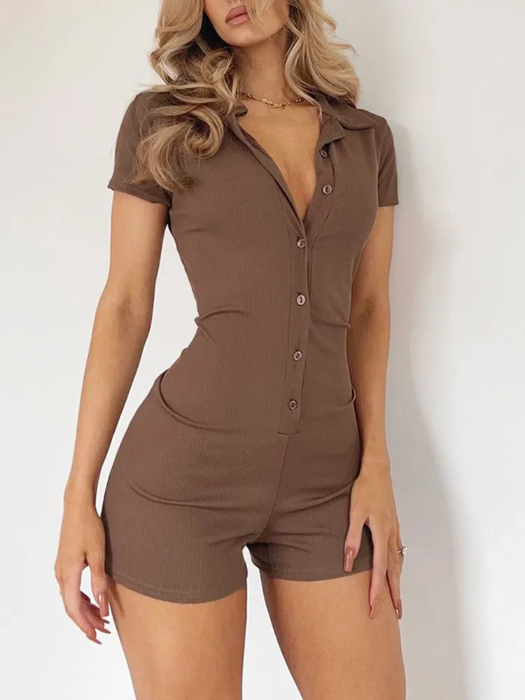 Rib Black Jumpsuit Women Turn Down Collar Short Sleeve Bodysuits Single Breasted Button Ropa De Mujer One Piece Bodycon Romper