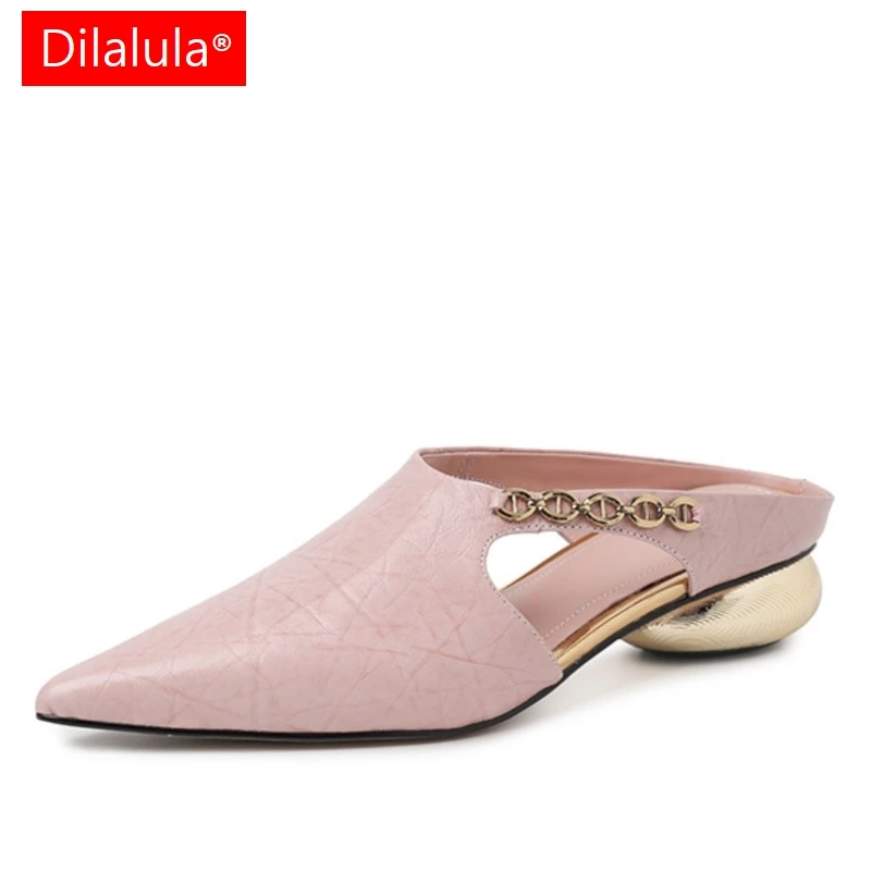 

Dilalula 2025 Genuine Leather Covered Pointed Toe Women Slippers Low Heels Metal Decoration Casual Dating Mules Ladies Dress