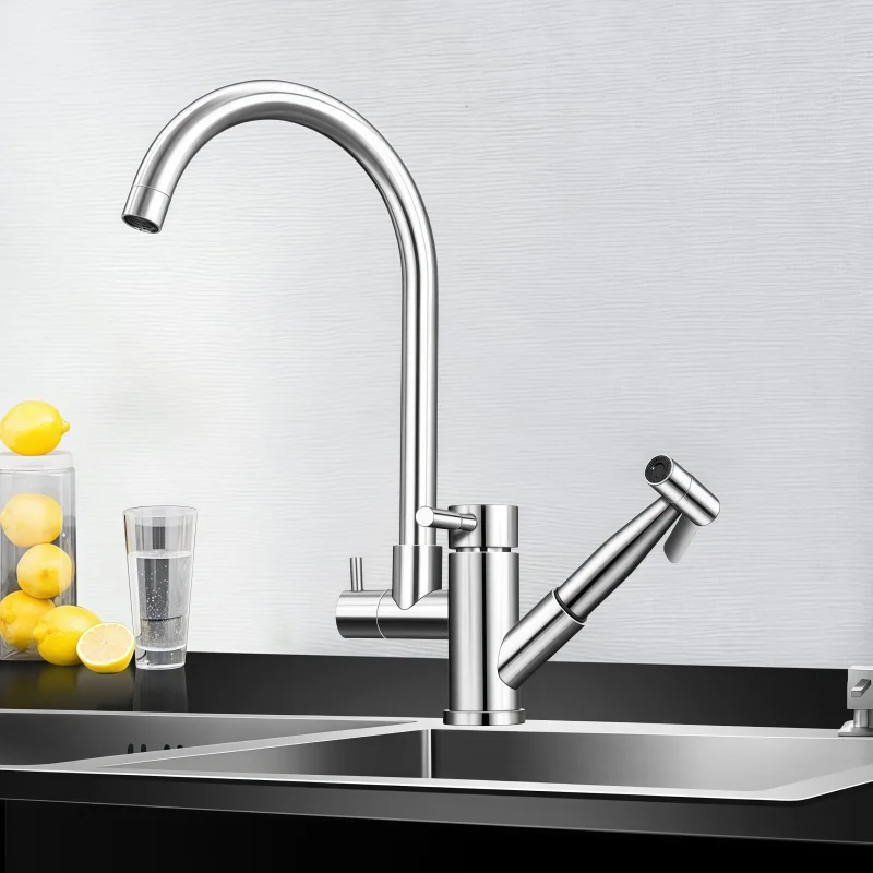 304 Kitchen Faucet Hot and Cold Sink Retractable Rotatable Stainless Steel Multifunctional Sink