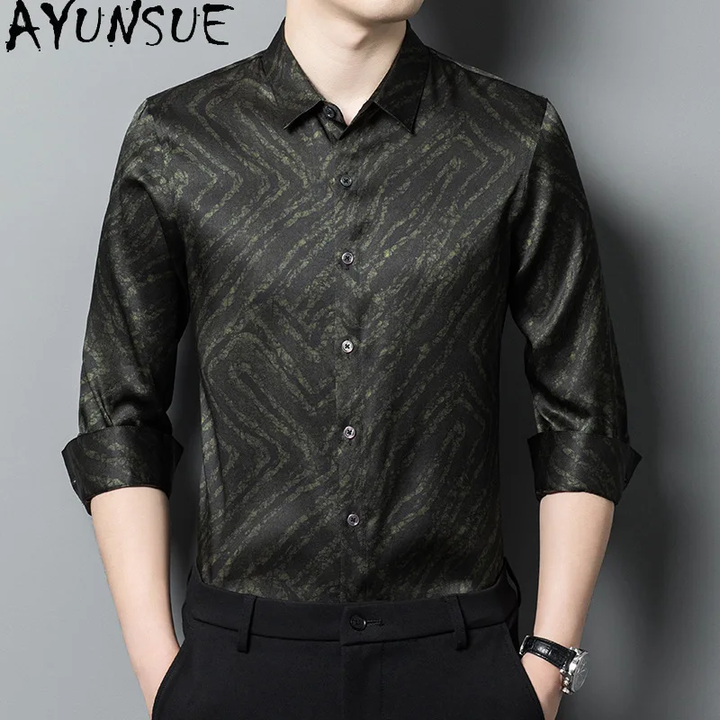 AYUNSUE 90.8%Real Mulberry Silk Shirt for Men Spring Autumn Long Sleeve Shirts Man Clothing 2026 Casual Gauze Silk Shirt Fashion