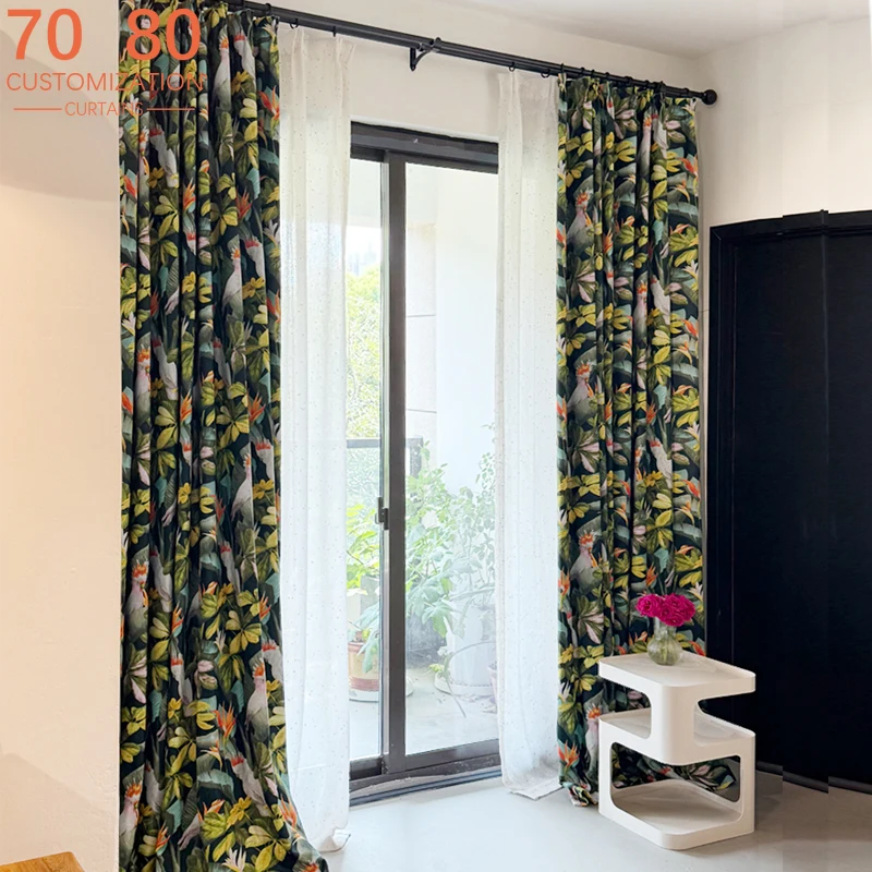 

American Retro Bird Plant Dark Green Printing Curtains for Bedroom Living Room Balcony Shading French Window Customized Finished