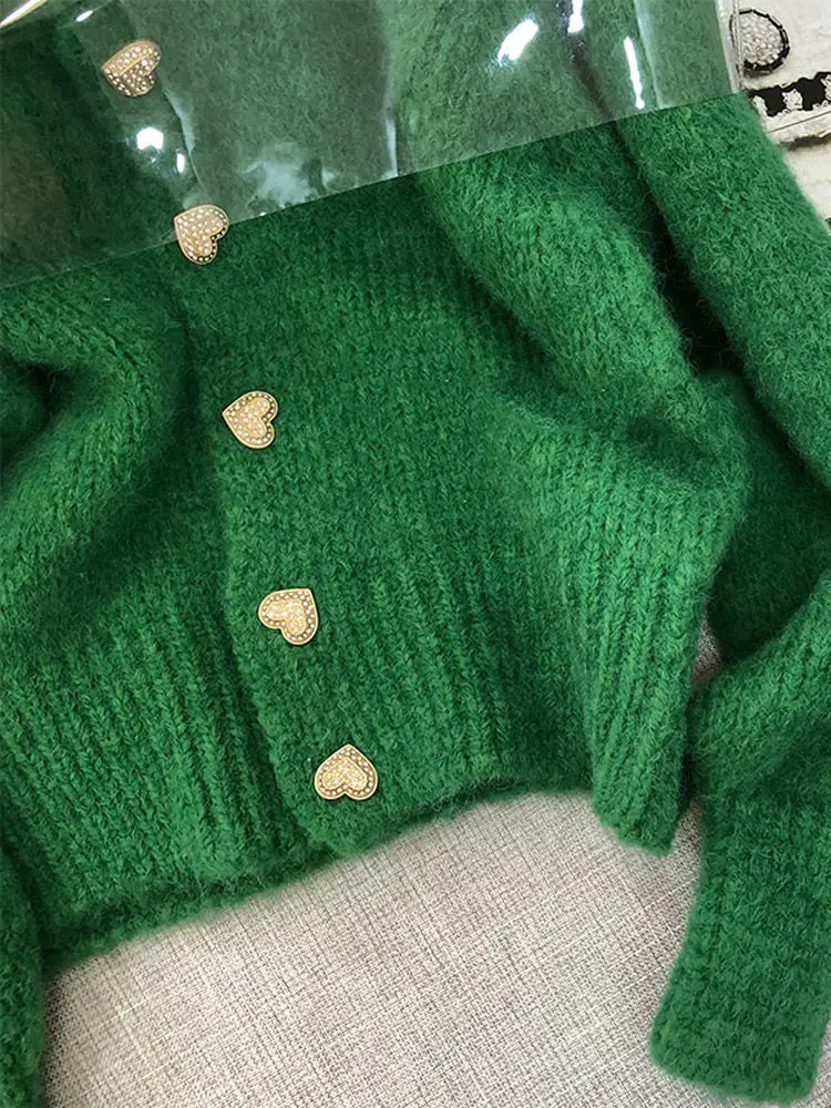 Casaco de lã de malha verde outono meia gola alta doce casual coreano moda inverno nova jaqueta casual