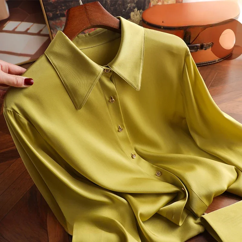 Satin Women's Shirts New Solid Vintage Blouses Polo-neck Silk Ladies Clothing Spring/Summer Loose Long Sleeves Tops