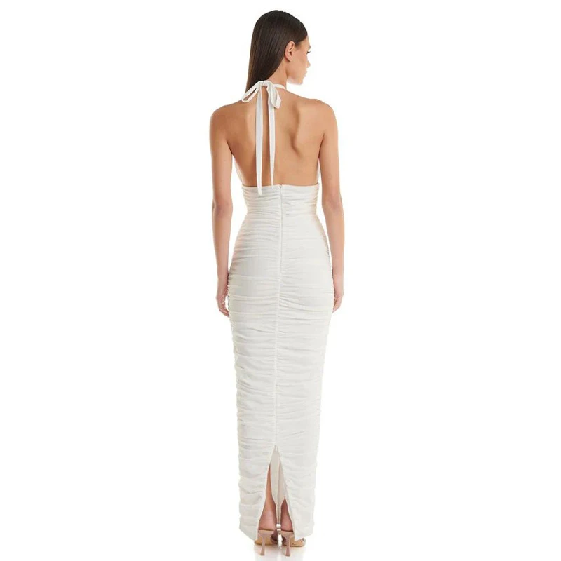 Novo sexy corte flor plissado bodycon vestido longo, feminino luxo branco halter vestido com luvas, cocktail elegante vestido de aniversário