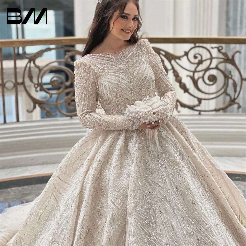 Arabic Luxury Beads Wedding Dresses For Women Long Sleeves Bridal Gown Embroidery Vestidos De Novia Ball Gown