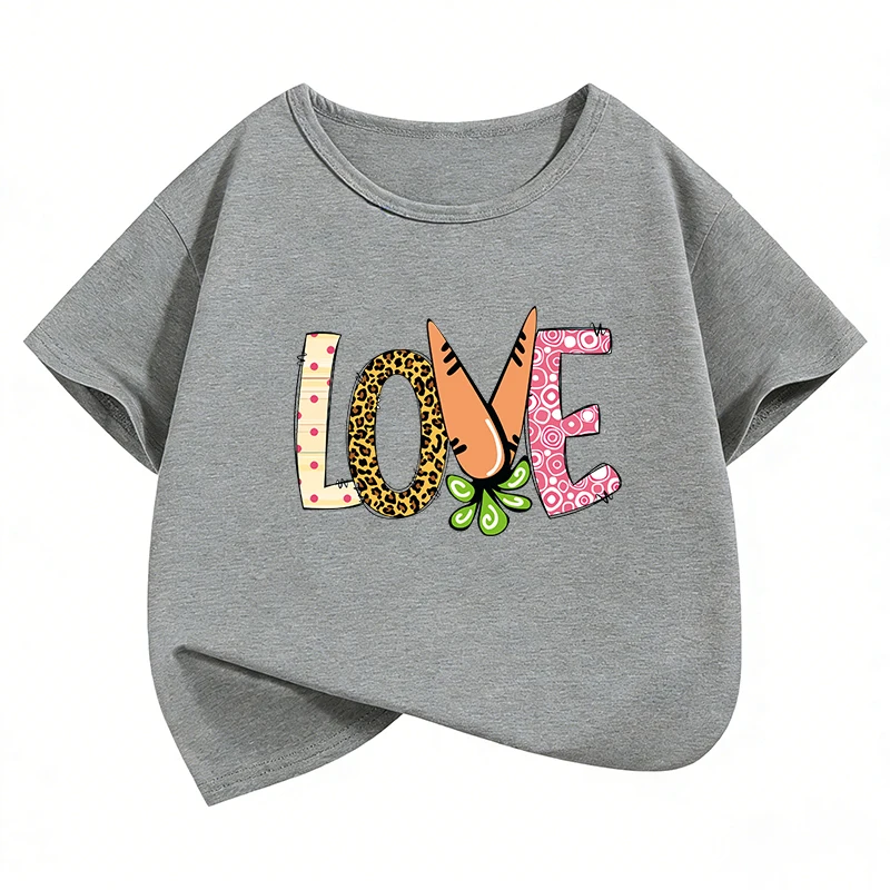 Kawaii Love Letter Printed T Shirt Girls' Summer Clothes Short Sleeve Tops T-Shirts Cute Girls Clothing Y2k Carrot Printed Tops