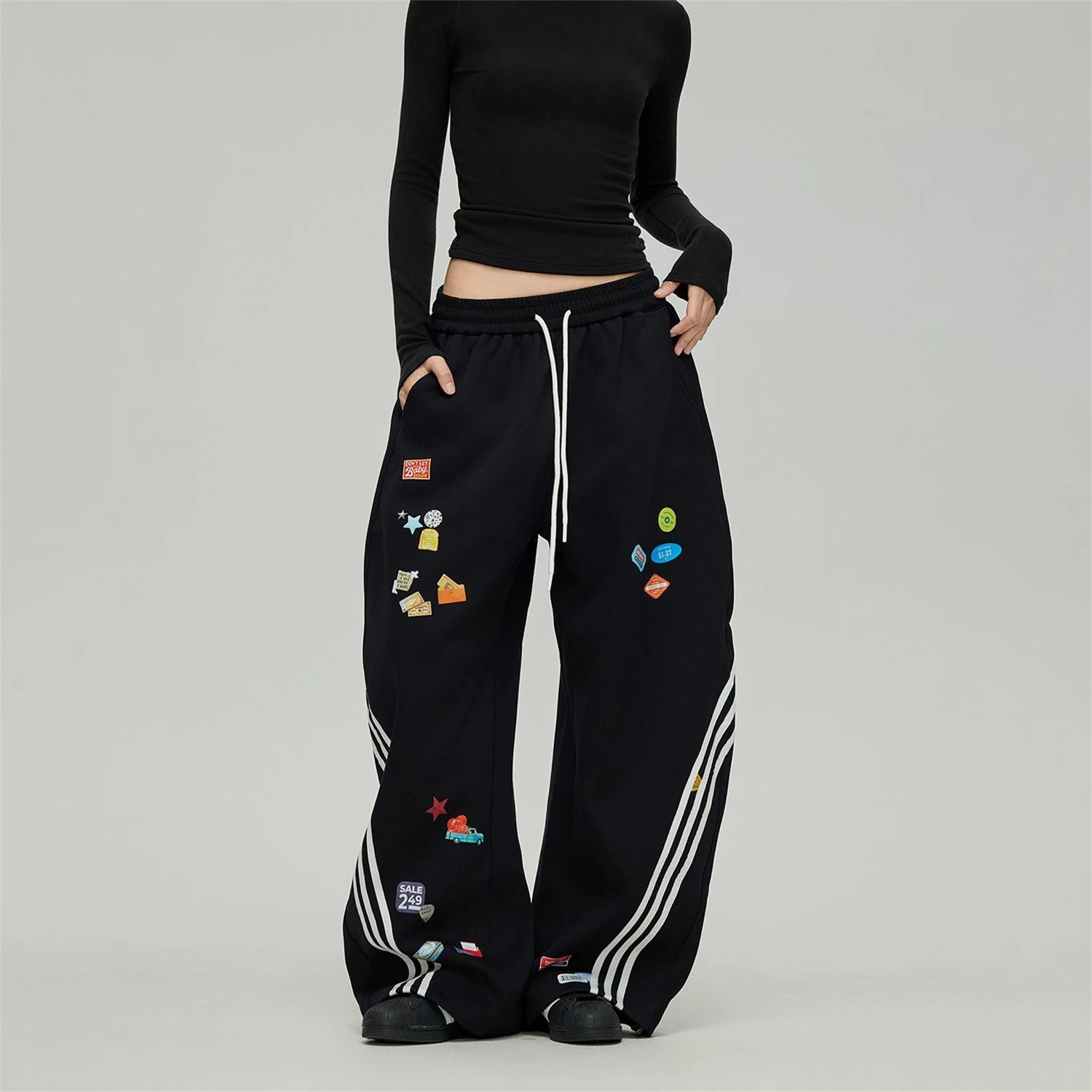 Women's High Waist Wide Leg Sweatpants Black Side Striped Cartoon Sticker Print Loose Casual Streetwear Trousers With Drawstring