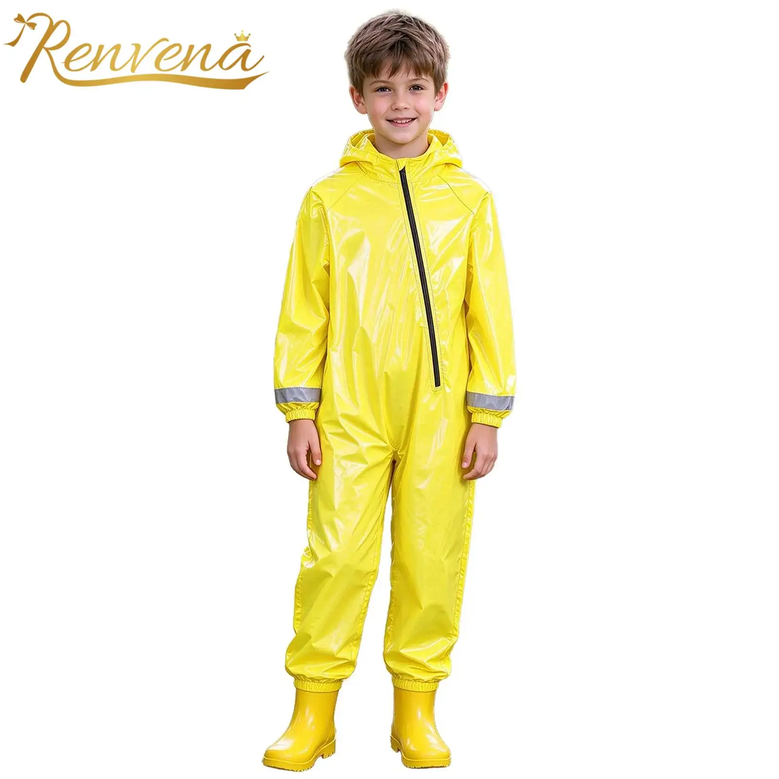 Kids Boys Girls Zipper Hooded Coverall Water Resistant One-piece Rainsuit Outdoor Reflective Strips Elastic Cuffs Legs Jumpsuit