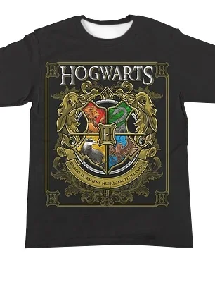 Insignias de las cuatro casas de Hogwarts de Harry Potter, camiseta de manga corta para cuatro personas, logotipo de escudo retro, top suelto impreso en 3D