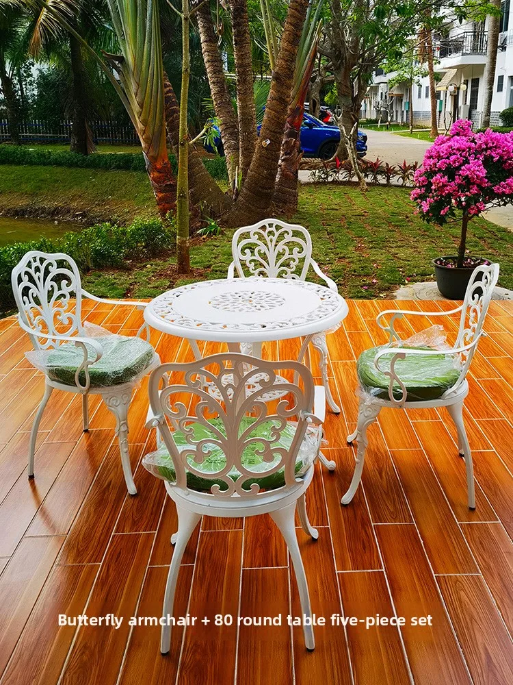 Mesas e cadeiras ao ar livre, mesas e cadeiras de varanda europeias ao ar livre para lazer no pátio, mesas e cadeiras brancas de alumínio fundido