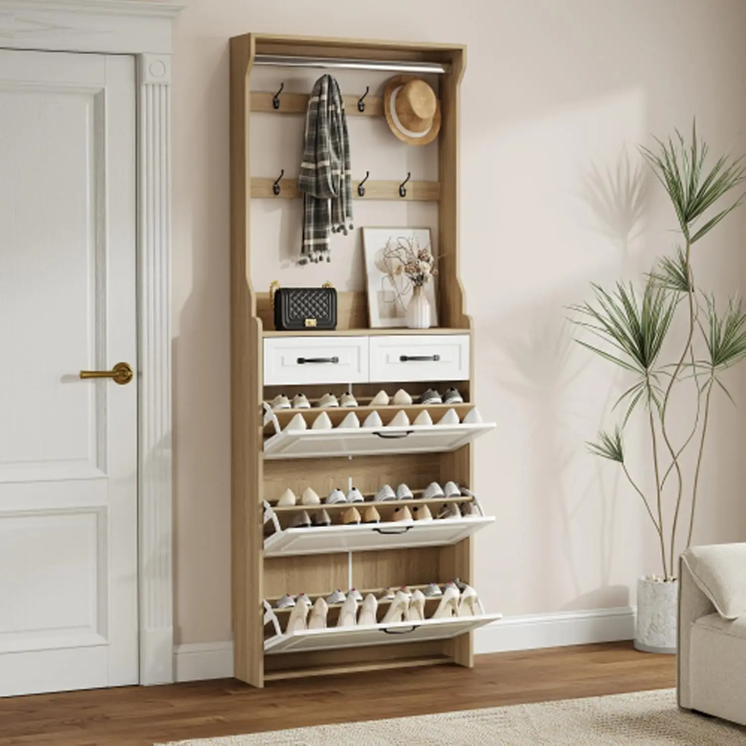 Oak Shoe Cabinet 3 Doors 2 Drawers Hanger PVC Pattern Large Storage, Customized