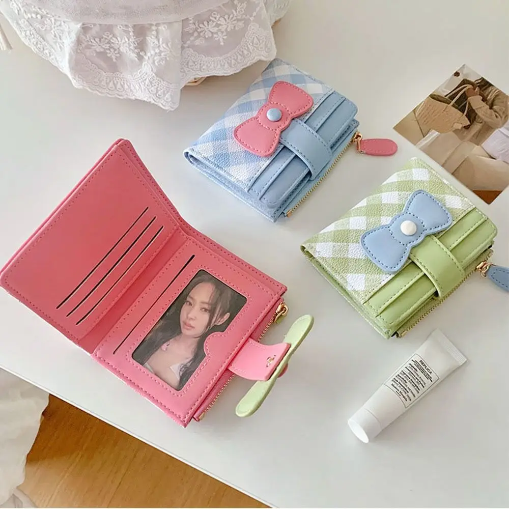 Short Checkered Bow Wallet Multiple Card Slots Dopamine Women Wallets Card Bags Gifts