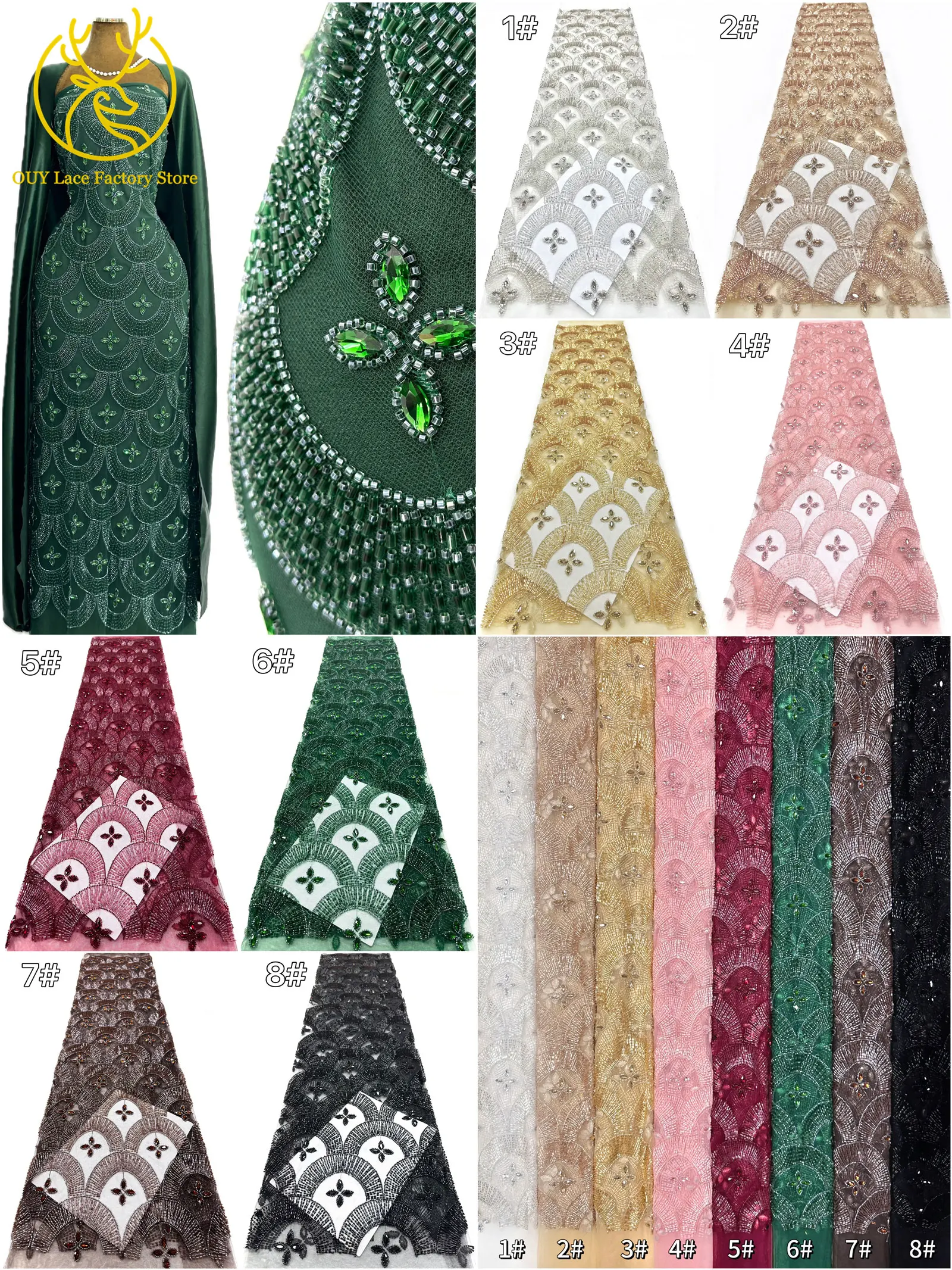 Smaragdgrüner Luxus Dubai Diamant-Perlen Tüll-Spitzenstoff Hochwertiger Afrikanischer Stein-Pailletten-Spitzenstoff für Abendkleider – Detail 30