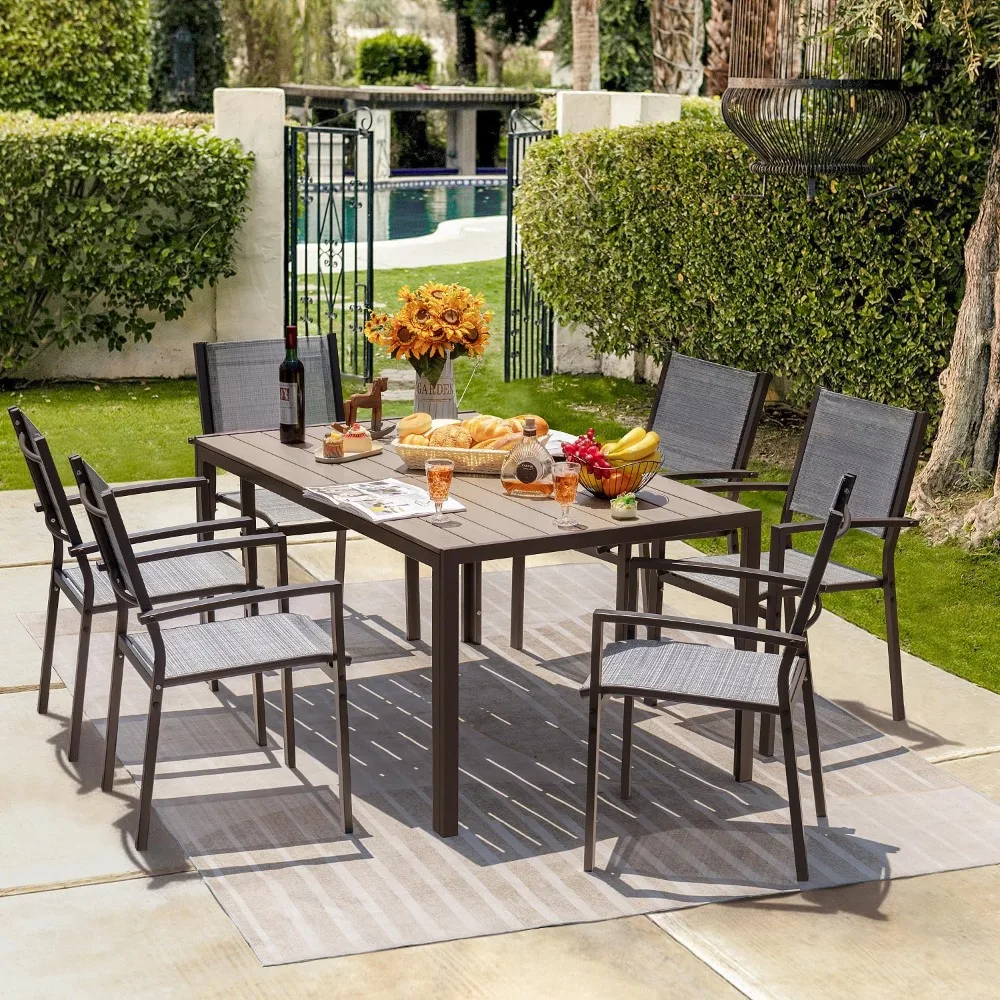 Home Patio Dining Set, Outdoor Mesa Móveis, 6 cadeiras Textilene, Light Grey, 7 pcs