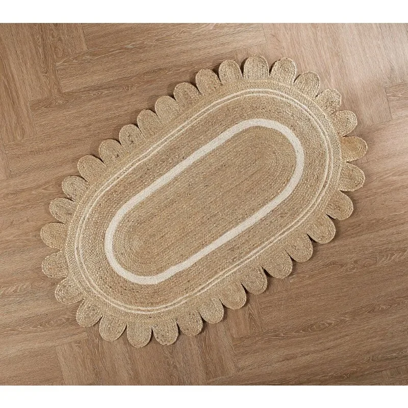 Oval Rug 100% Natural Jute Braided Area Carpet Scalloped Edge Handmade Rug