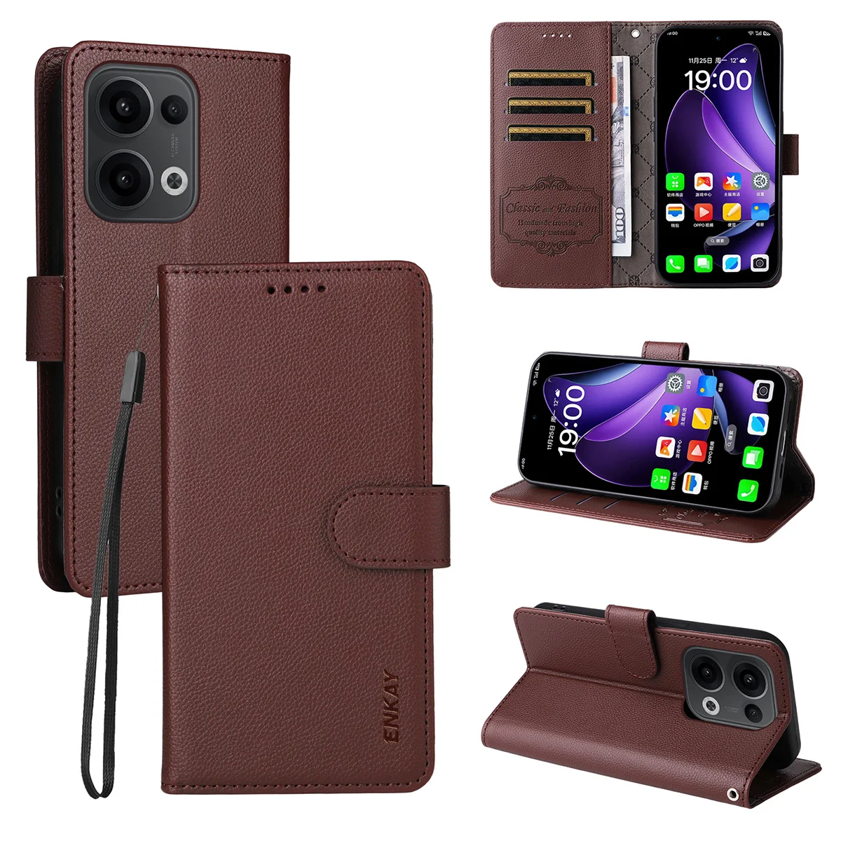 

For Oppo Reno14 F 5G / Oppo Reno13 5G (Global) / Oppo Reno14 5G (Global) Wallet Case with Strap ENKAY HAT PRINCE RFID Blocking L