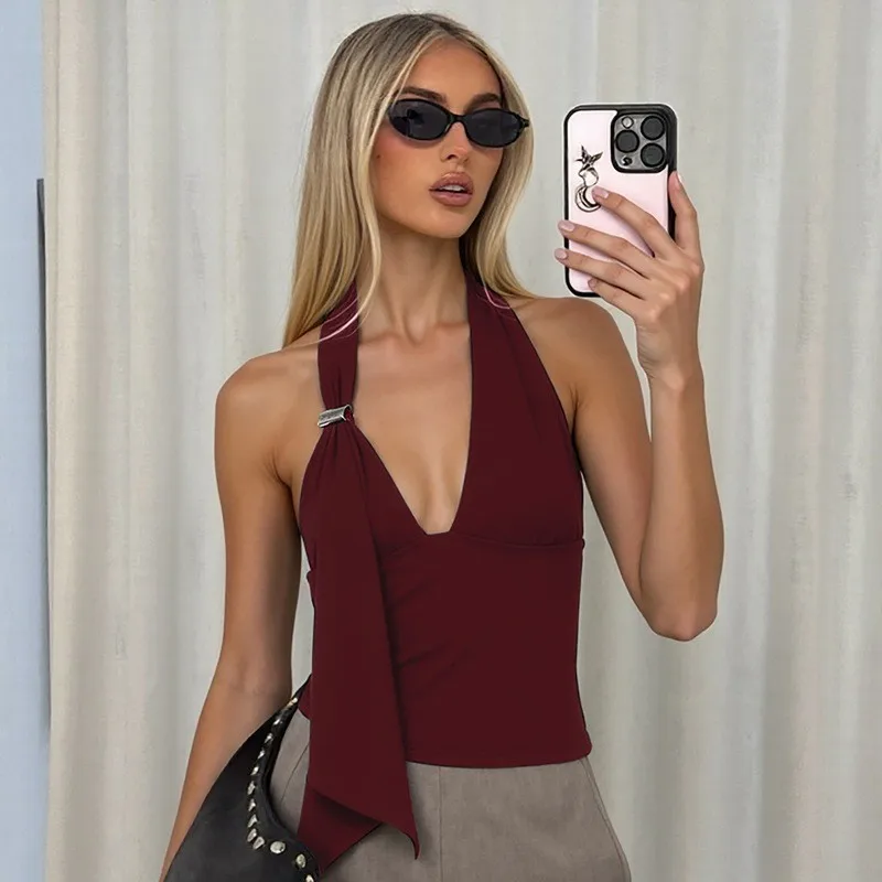 Backless Camisole Crop Solid Black Tank Top Deep V Neck Fixed Strap Sleeveless Top Asymmetrical Drape Metal Clasp Vest Pleated