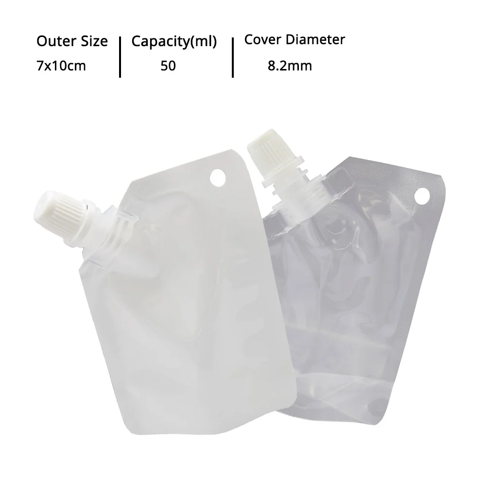 50Pcs 50Ml  Transparent White Small Stand Up Drinking Spout Packaging Bag  Beverage Juice Plastic  Pouch Bag With Cap