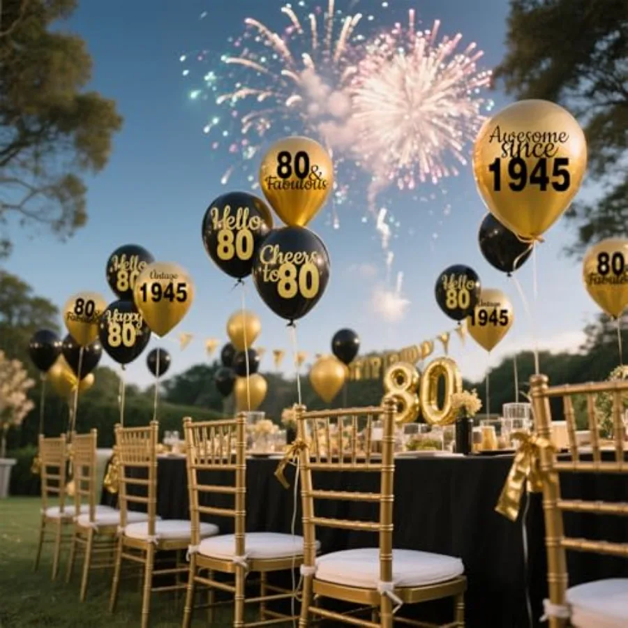 80번째 생일 장식용 풍선, 남녀 공용 블랙 골드 12인치 라텍스 콘페티 풍선 24개, 1945년 파티용