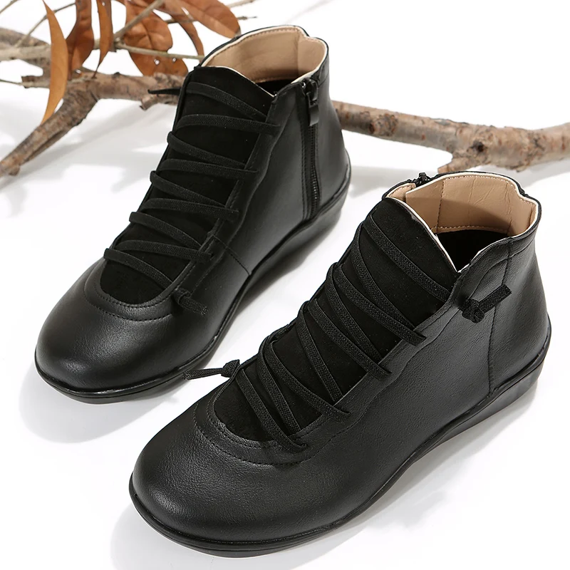 WOMEN ANKLE BOOTS Short Leather Chelsea Flat Shoes Cowboy Sneakers Combat Boots Black Vintage Moccasin  Plus-size