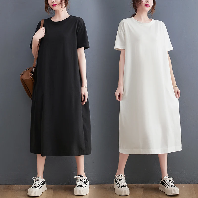 Grande taille décontracté été nouveau t-shirt ample Dr minceur genou longueur couleur Pure a-ligne Dr femmes Faion trajet Sle