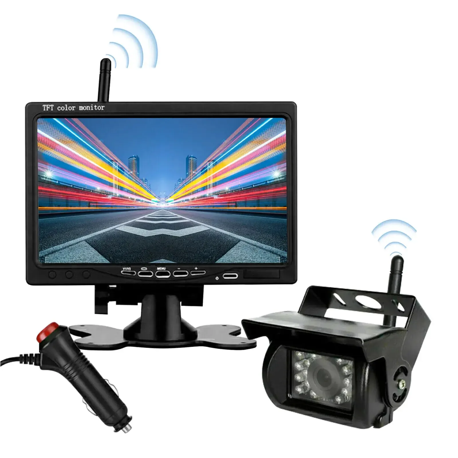 

12V-24V Wireless 7" Car Monitor Backup Rear View Packing Waterproof Camera for Trucks Bus RV Trailer Excavator 2.4G WiFi