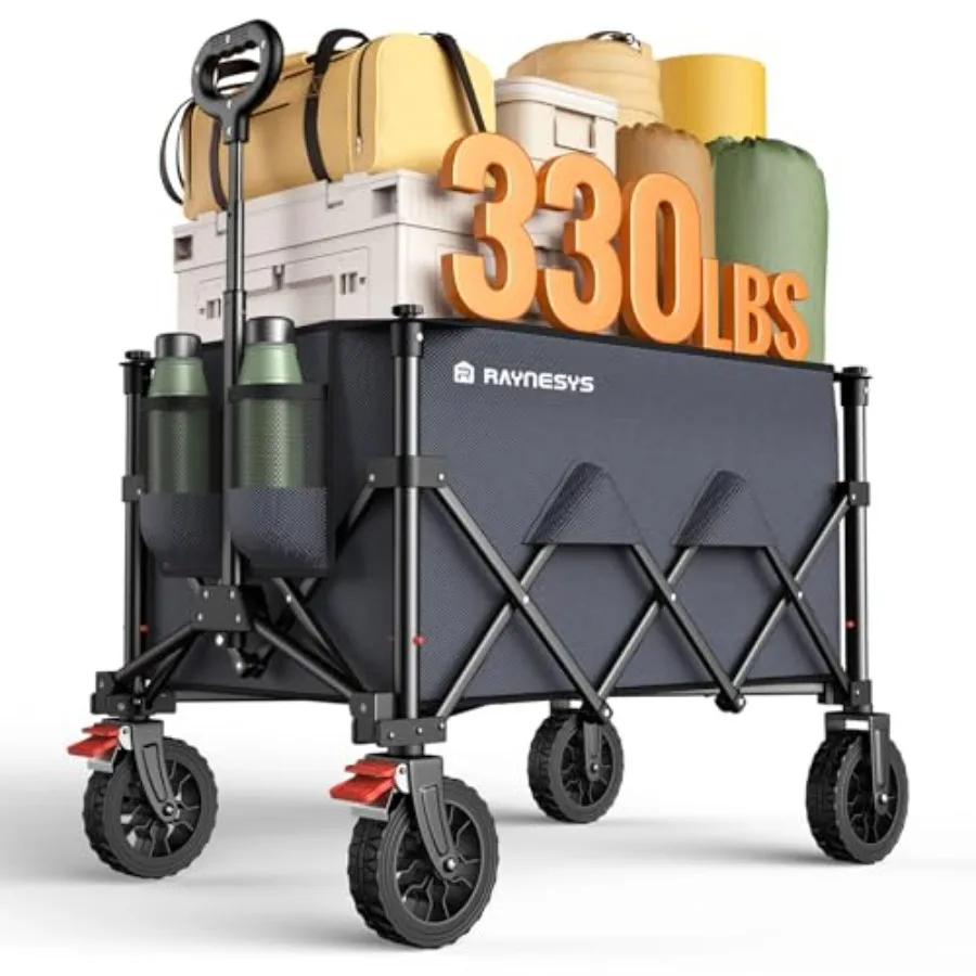 

Foldable Heavy Duty Utility Wagon Cart with Brakes 330lbs Capacity 180L Large Storage All-Terrain Wheels Grey for Beach Camping