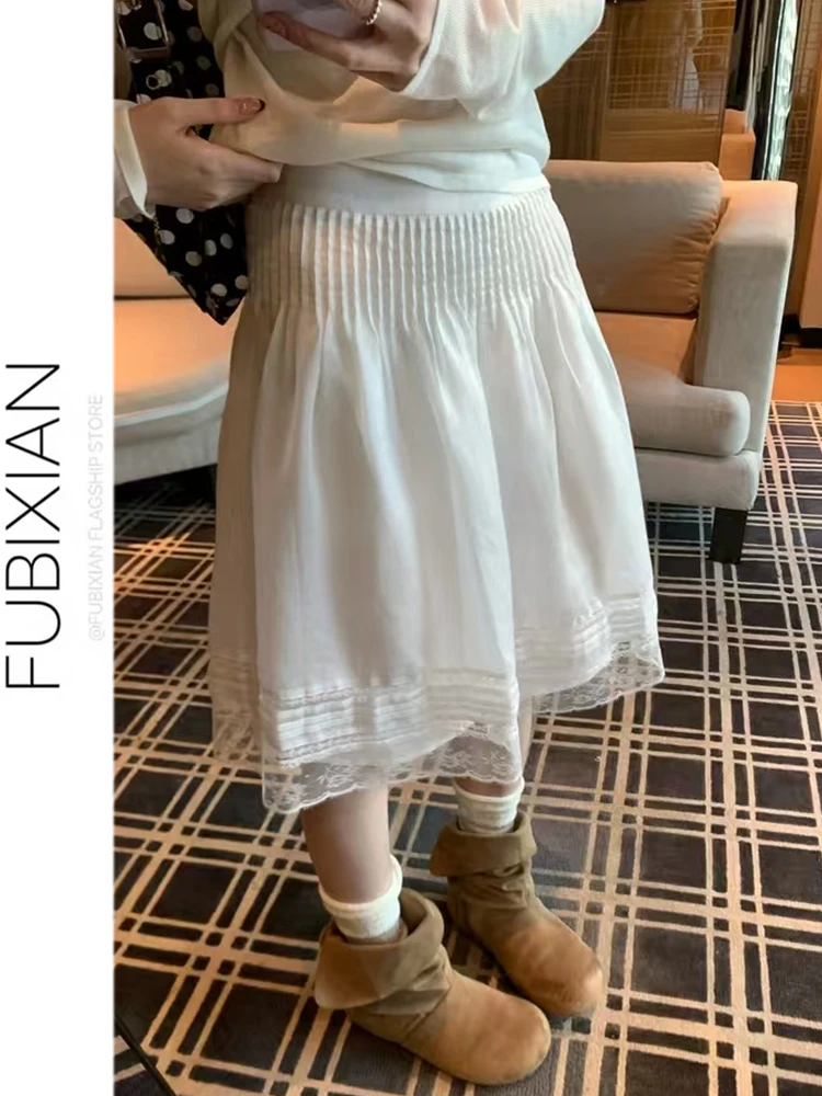 

White Lace Splicing A-Line Skirt Women's Spring New Sle Puffy Korean System Super Slimming Midi Skirt High Waist