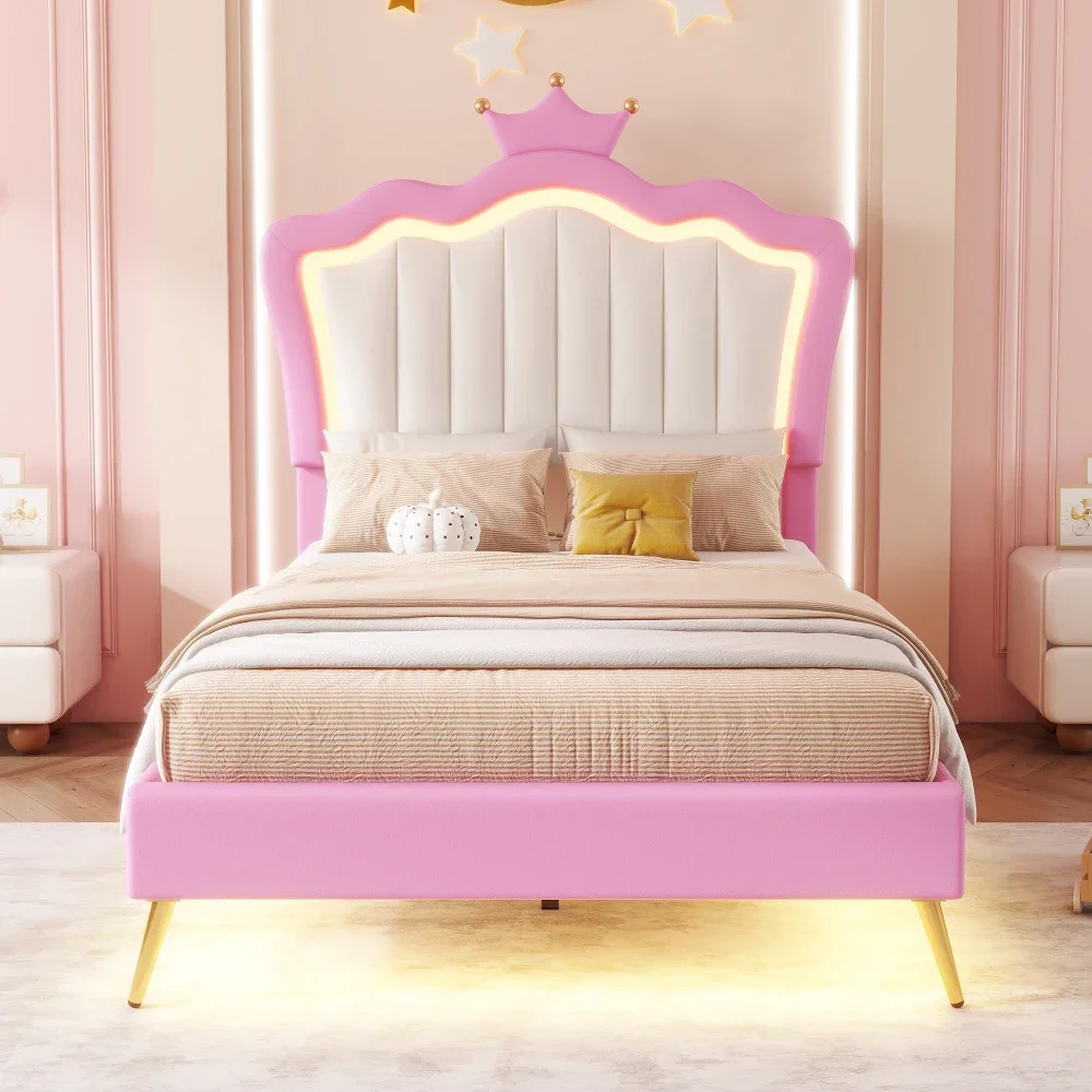 Twin Size Upholstered Bed Frame LED Lights,Princess Bed with Crown,Pink Beds for Girls From 6 To 12 Years Princesses Wooden Beds