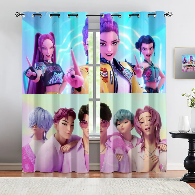 2pcs Hasbro Kpop Group Blackout Curtains Light Blocking Pastel Anime Idol Print Grommet Window Drapes For Bedroom Living Room