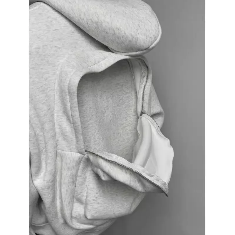 Men's Stylish Sports Hooded Jacket White & Gray 3D Backpack Cardigan Heavyweight Short Wide Sweatshirt