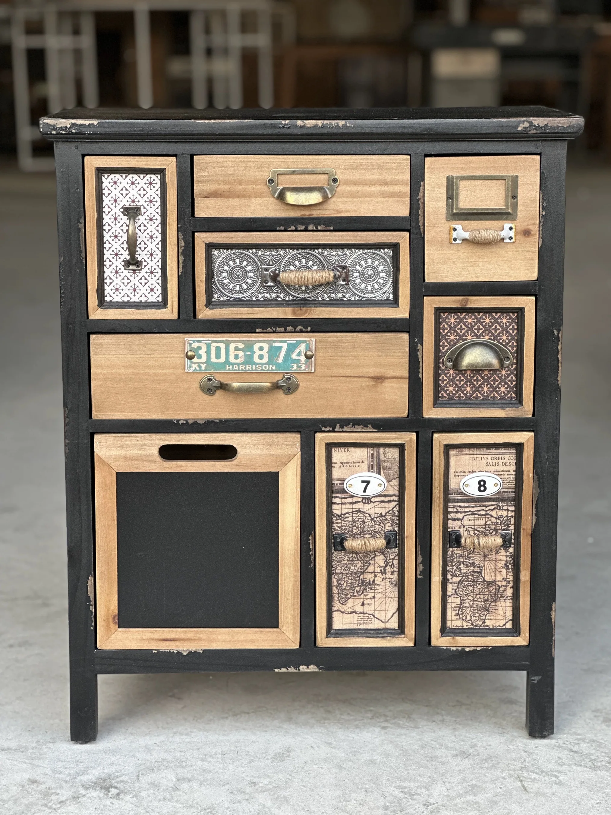 

Vintage Rustic Multi-Drawer Storage Cabinet, Black and Natural Wood, Distressed Finish, 23.6x12.6x28.7 Inches, Apothecary Style