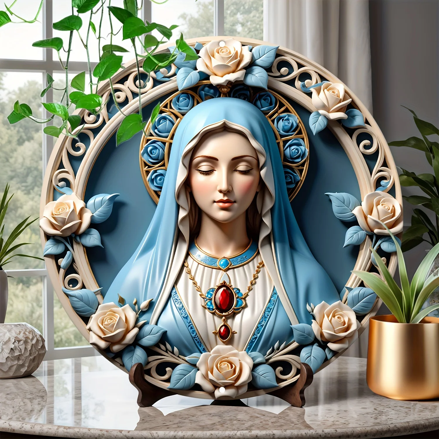 Unique 8 x 8 Inch \'Virgin Mary\' Rose Circular Wall Decoration Art, Seasonal Festival Gift, Aluminium Material