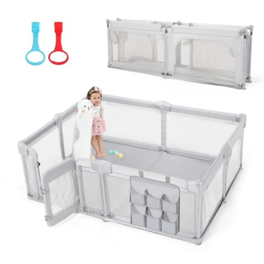 

79x59 Foldable Playpen for Babies and Toddlers with Zipper Door Grey Large Play Yard with Gate Portable Play Area