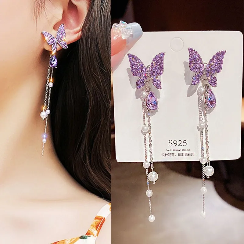 925 Silver Needle Korean Purple Crystal Butterfly Earrings For Women Jewelry 2024 Trending Luxury Long Pearl Tassel Earrings JN9