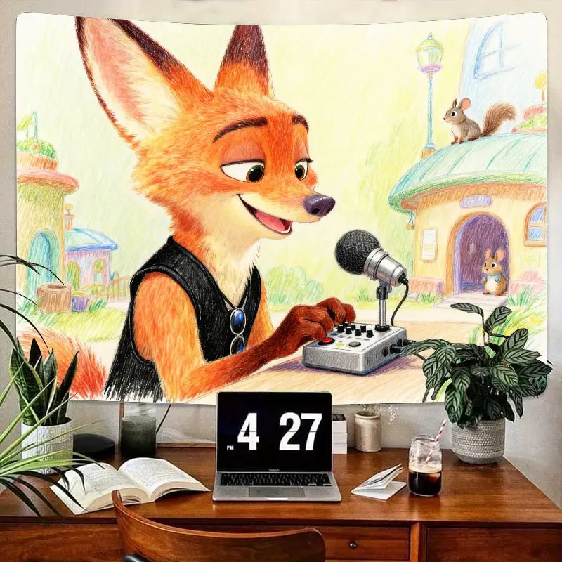 

1 шт. Zootopia Nick Wilde Fox DJ гобелен, кавайный мультяшный настенный рисунок, современный полиэстер, декор для гостиной, спальни, подарок для фанатов