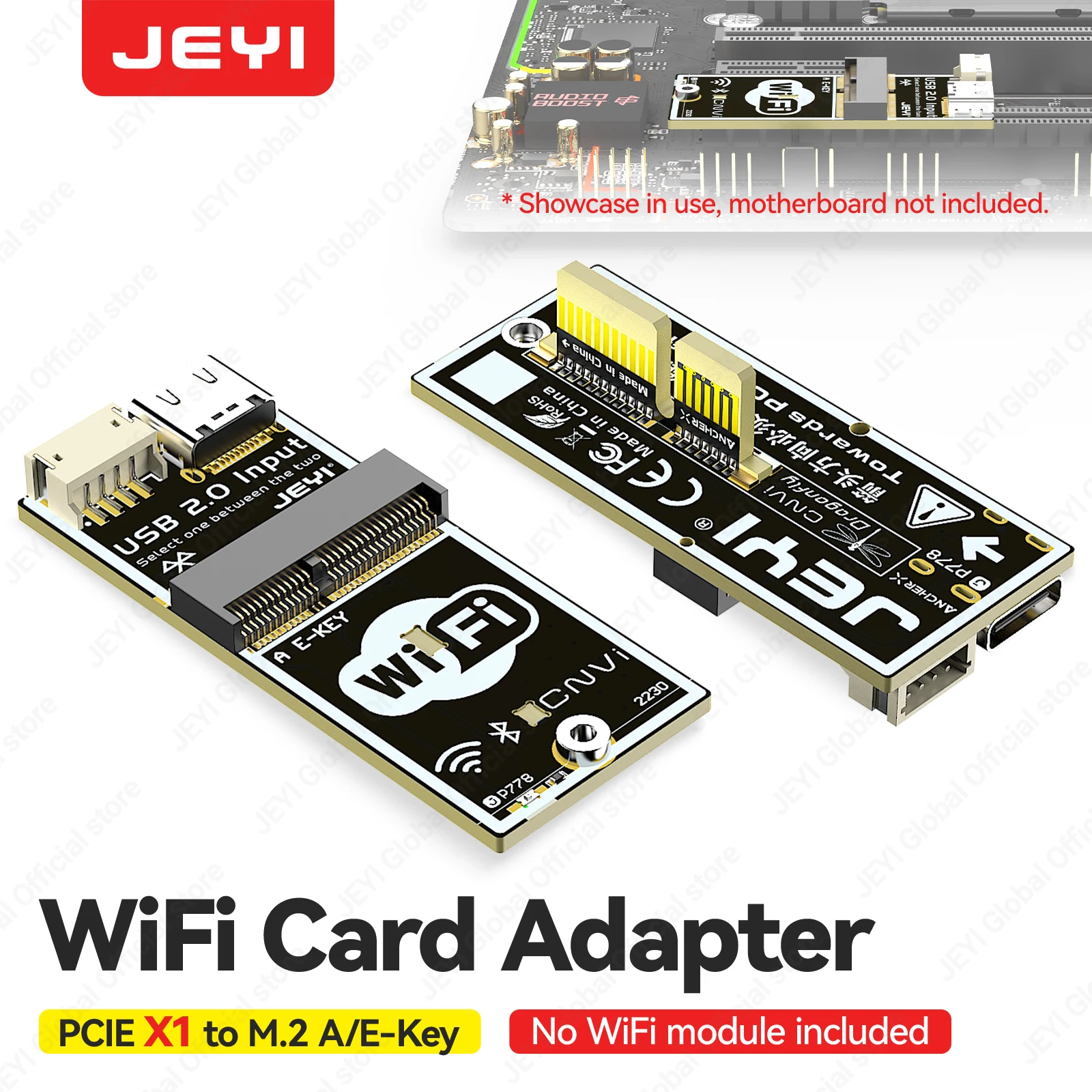 JEYI PCIe X1 to M.2 A/E-Key WiFi Card Adapter Bluetooth USB-C 2.0 Enabling Full‑speed WiFi 6/6E/7 For AX200 AX210 BE200 BE202